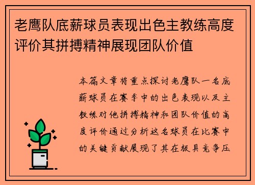 老鹰队底薪球员表现出色主教练高度评价其拼搏精神展现团队价值