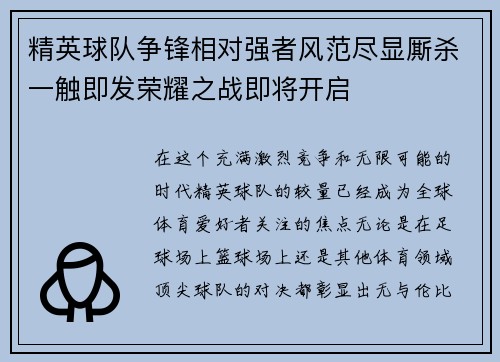 精英球队争锋相对强者风范尽显厮杀一触即发荣耀之战即将开启