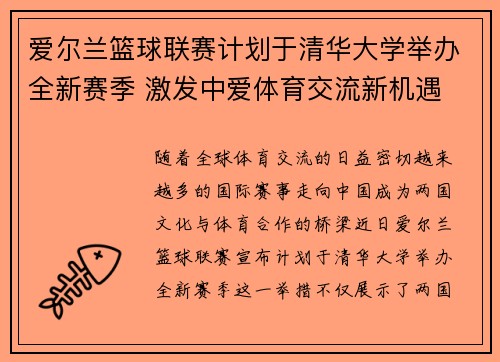 爱尔兰篮球联赛计划于清华大学举办全新赛季 激发中爱体育交流新机遇