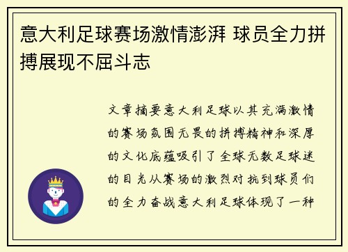 意大利足球赛场激情澎湃 球员全力拼搏展现不屈斗志