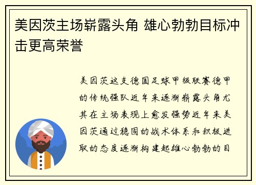 美因茨主场崭露头角 雄心勃勃目标冲击更高荣誉